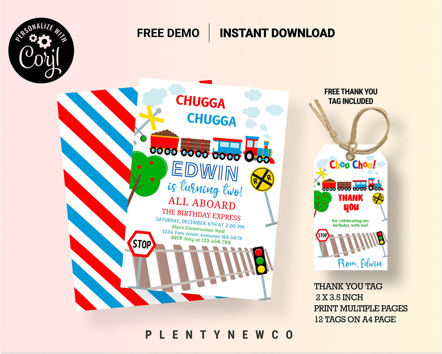 Editable Train Birthday Invitation Chugga Choo Two All Aboard Boy 2nd 1st Download Printable Template Corjl Vintage Train Party Train, CH