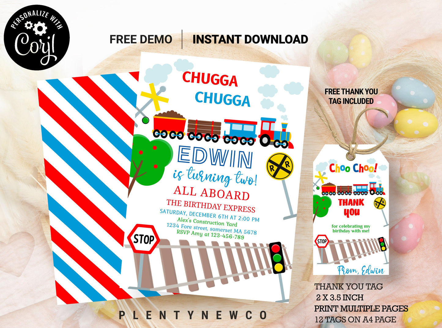 Editable Train Birthday Invitation Chugga Choo Two All Aboard Boy 2nd 1st Download Printable Template Corjl Vintage Train Party Train, CH