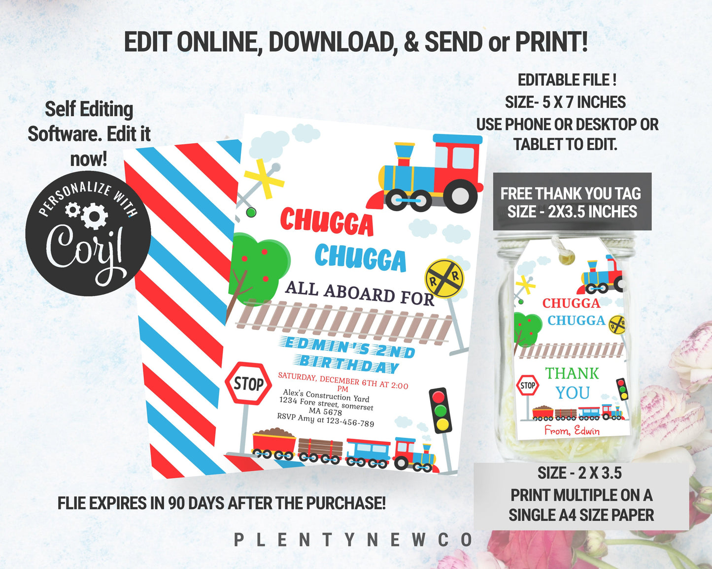 Editable Chugga Chugga Two Two Train Birthday Invitation Vintage Choo Choo Train Party Train Birthday Download Printable Template Corjl, CH