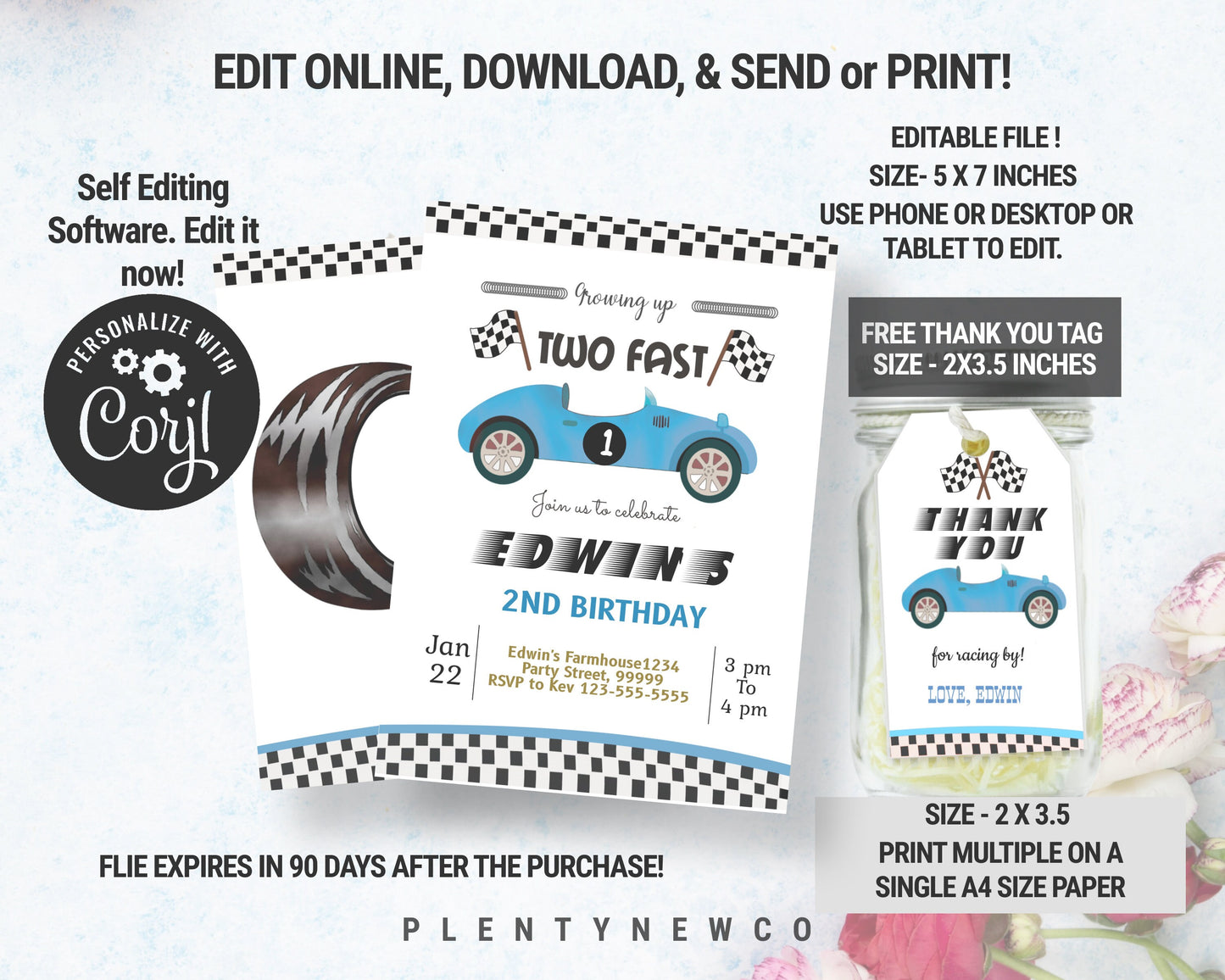 Editable Racing Car Birthday Invitation Growing Up Two Fast Invite Second Birthday 2nd Boy Download Printable Template Digital Corjl CT