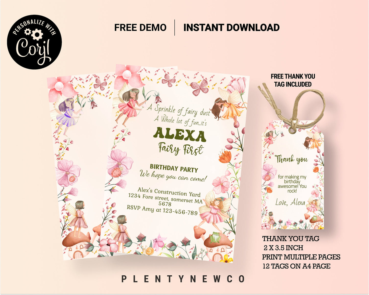 Fairy First Birthday Invitation Template Editable Girl 1st Birthday Party Invite Enchanted Magical Forest Garden Princess Floral Instant, FT