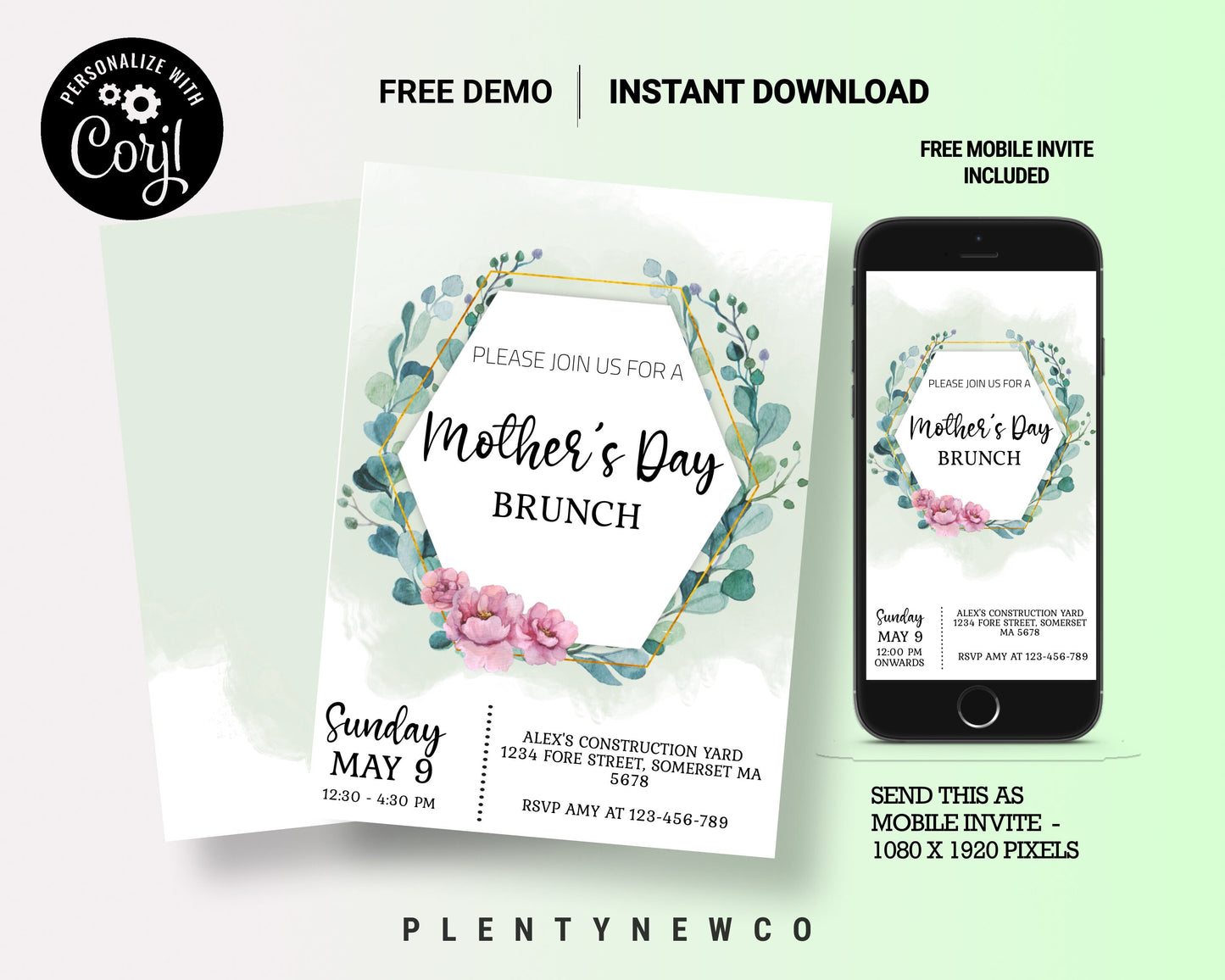 MOTHER'S DAY Invitation Editable Printable Template, Personalized Peony Flowers Brunch Invite, E-Invite 5x7 inches Digital Instant DIY Corjl