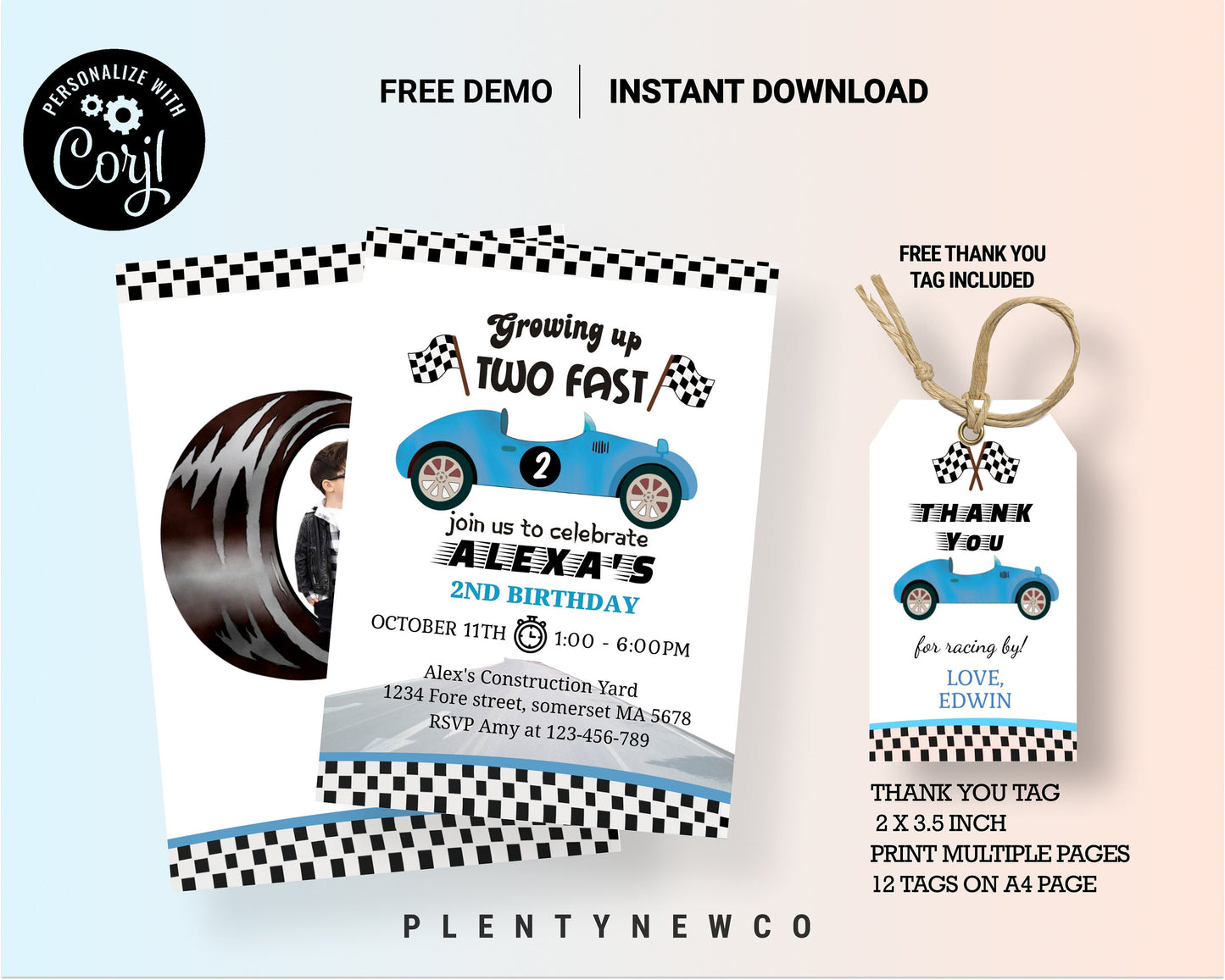 Editable Racing Favor Tags Race Car Birthday Thank you Label Two Fast 2 Curious Gift tags Blue Race Cars 2nd Template Corjl PRINTABLE, CT