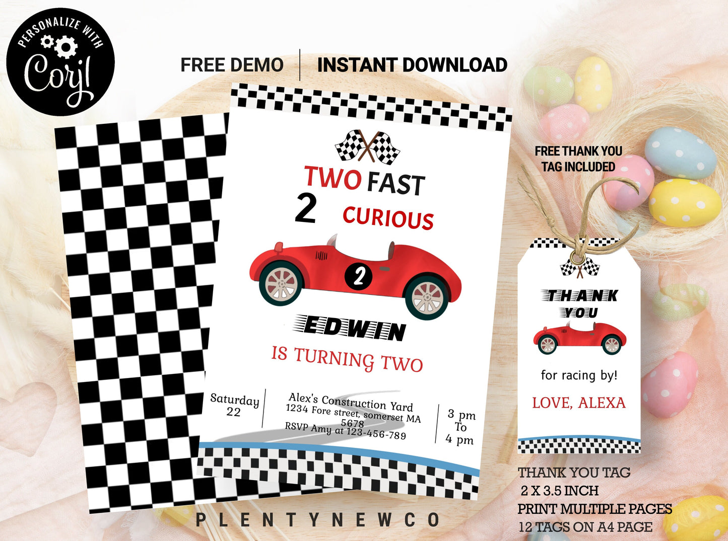 Editable Two Fast Birthday Invitation 2 Curious Party Race Car Second Birthday 2nd Racing Boy Download Printable Template Digital Corjl CT
