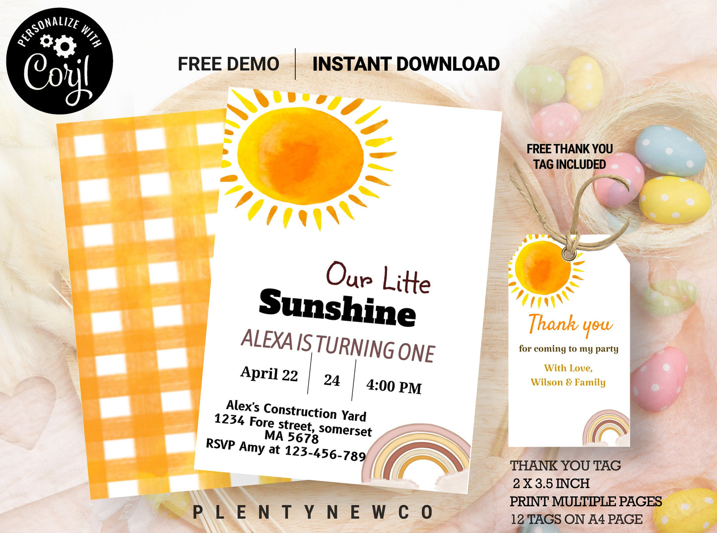 Editable Our Little Sunshine Birthday Invitation 1st You Are My Sunshine Party Neutral Boho Download Printable Template Digital Corjl, SN