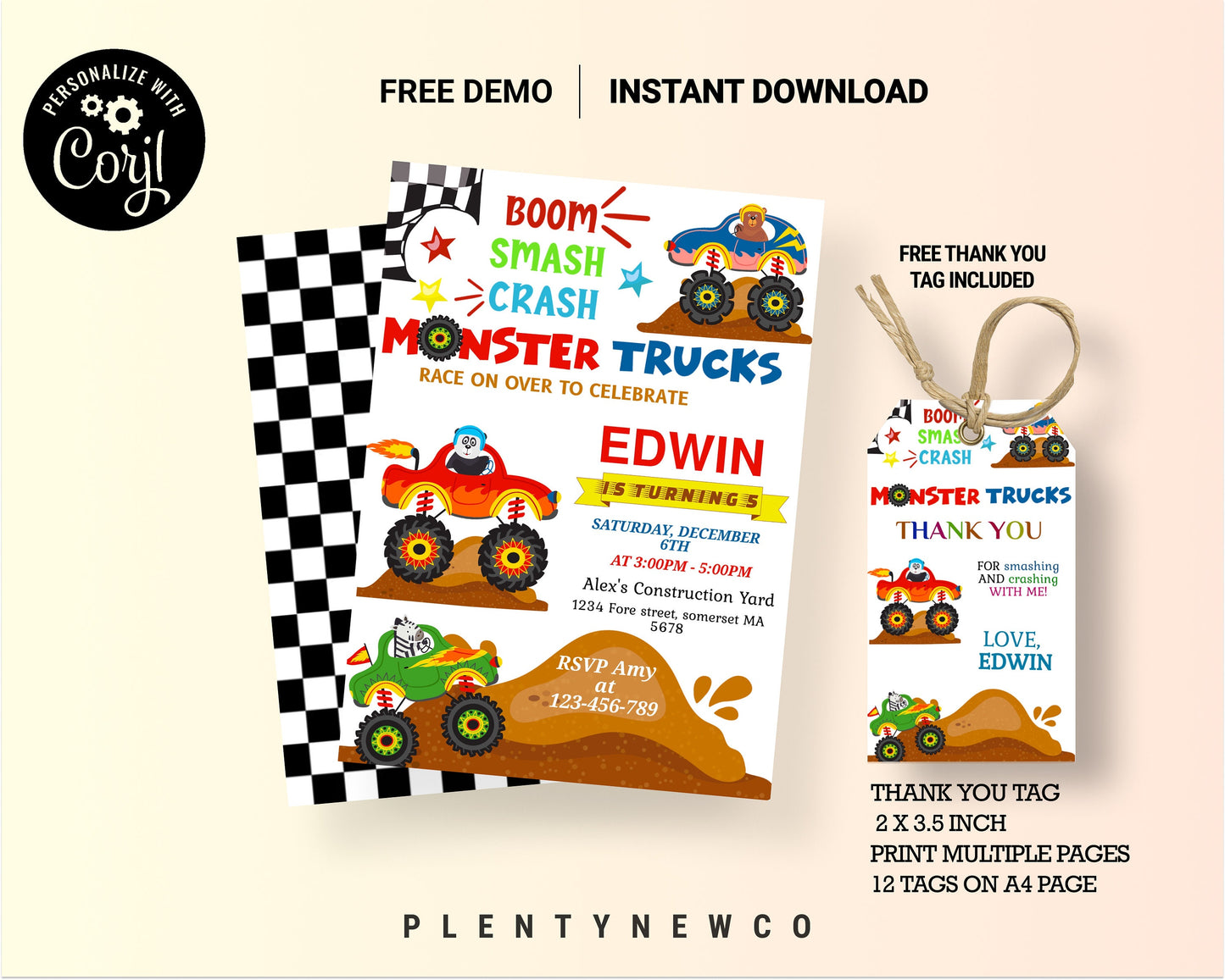 Monster Truck Electronic Invitation Template, Monster Truck Phone Invitation, Monster Truck Editable Electronic Invitation Monster Truck MT