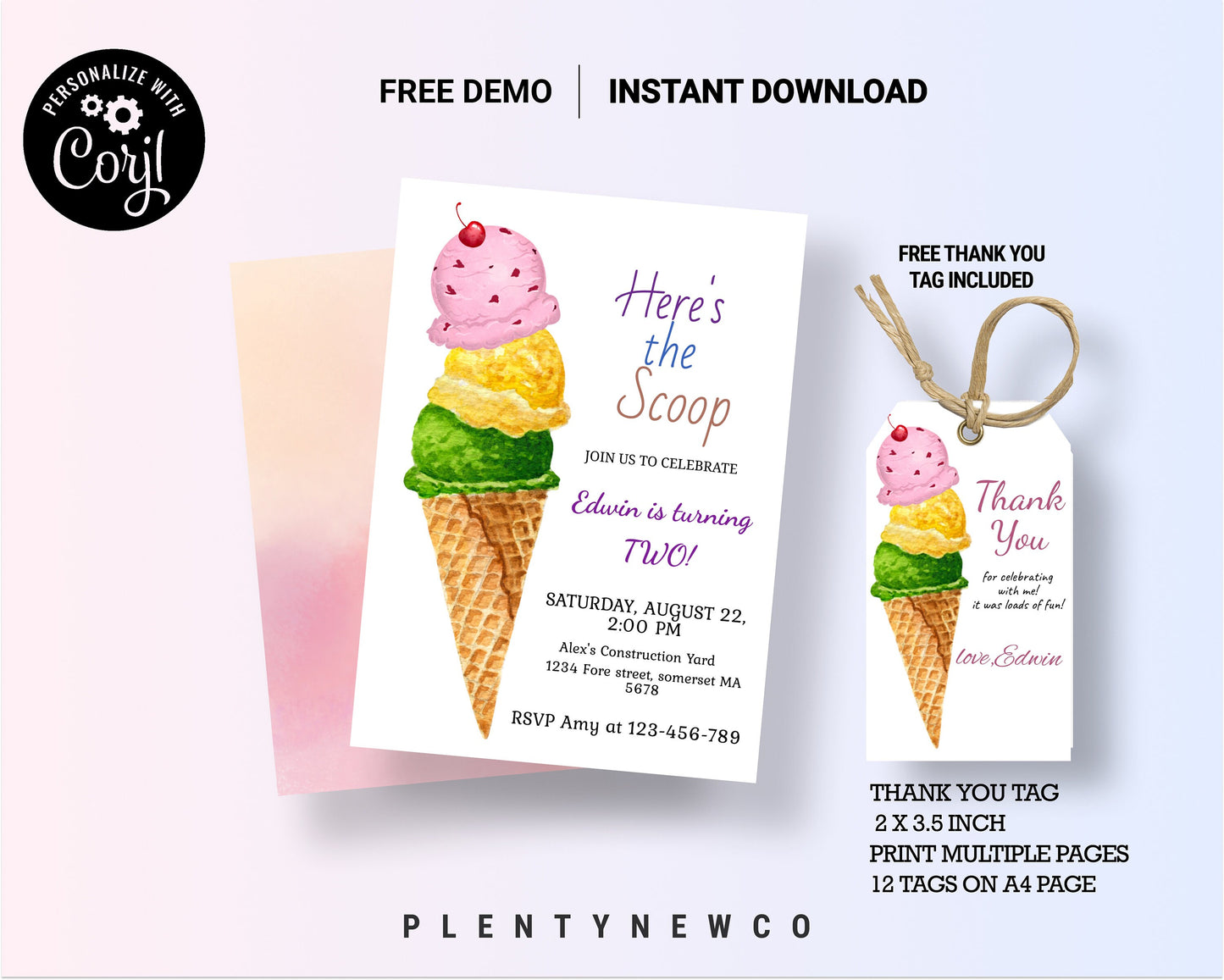 Ice Cream Birthday Invitation Ice Cream Birthday Invitation Thank you tag Ice Cream Party Cream Party Instant Download Editable Invitation