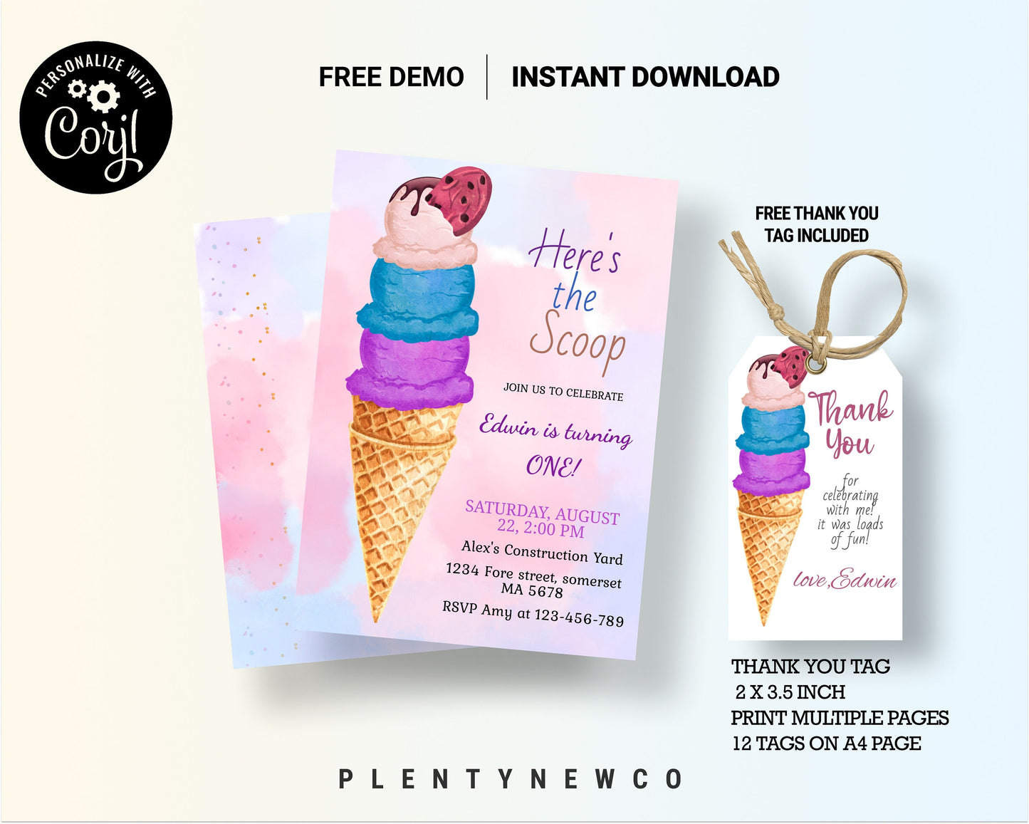 Ice Cream Birthday Invitation Ice Cream Birthday Invitation Ice Cream Party Ice Cream Party Instant Download Editable Invite Thank you tag