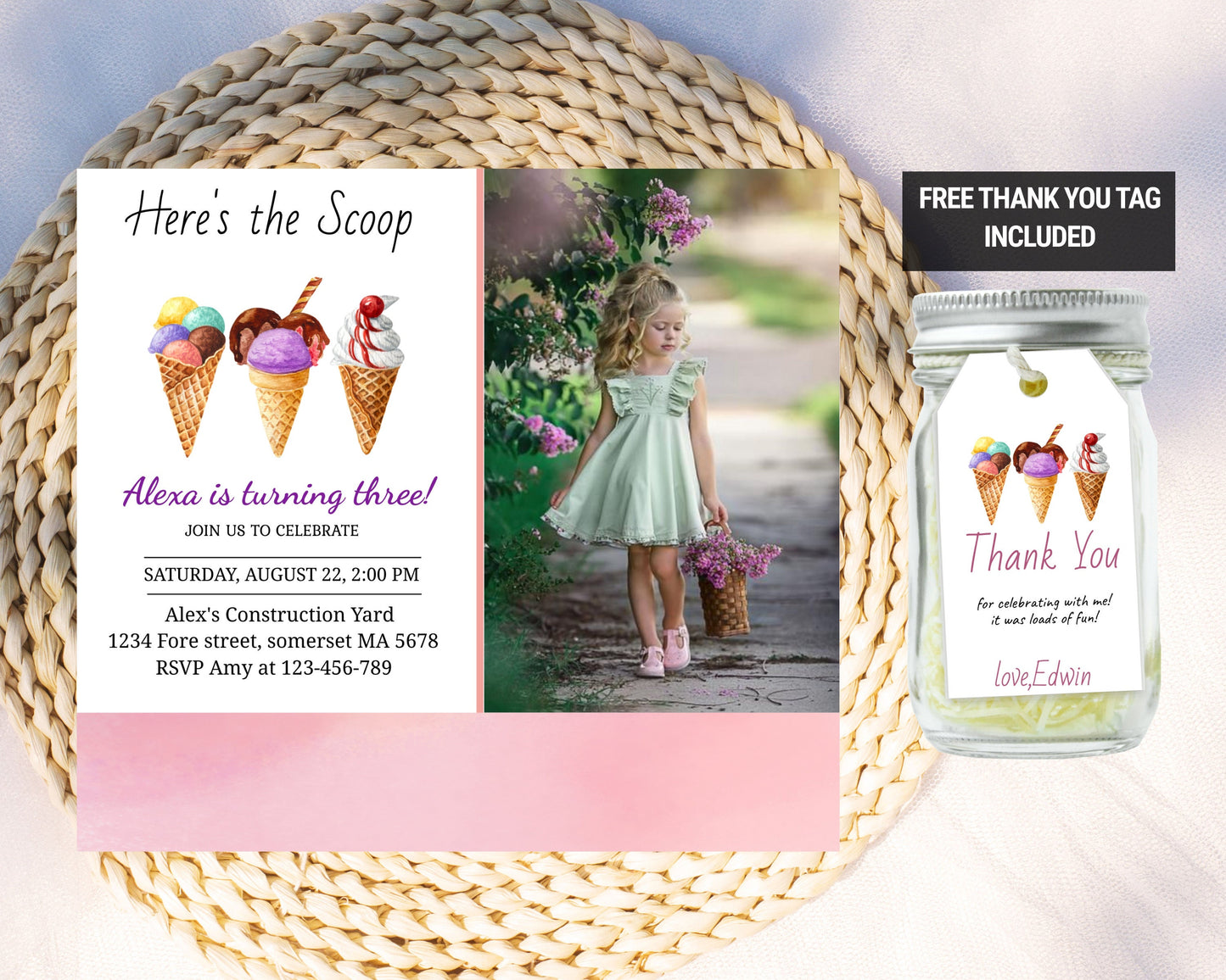 Ice Cream Birthday Invitation Template with Photo, Ice Cream Invitation, Editable Invitation Instant Download Ice Cream Social Thank you tag