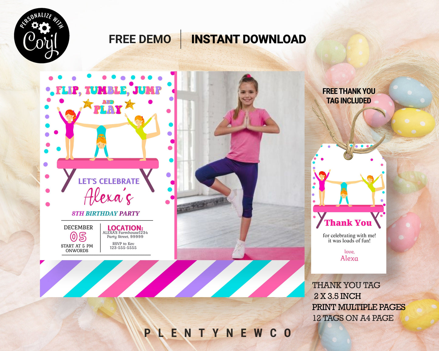 Gymnastics Birthday Invitation with Photo, EDITABLE Gymnasts Party Invite Template, Girl Gymnasts, Pink, Printable, Instant Download, GM
