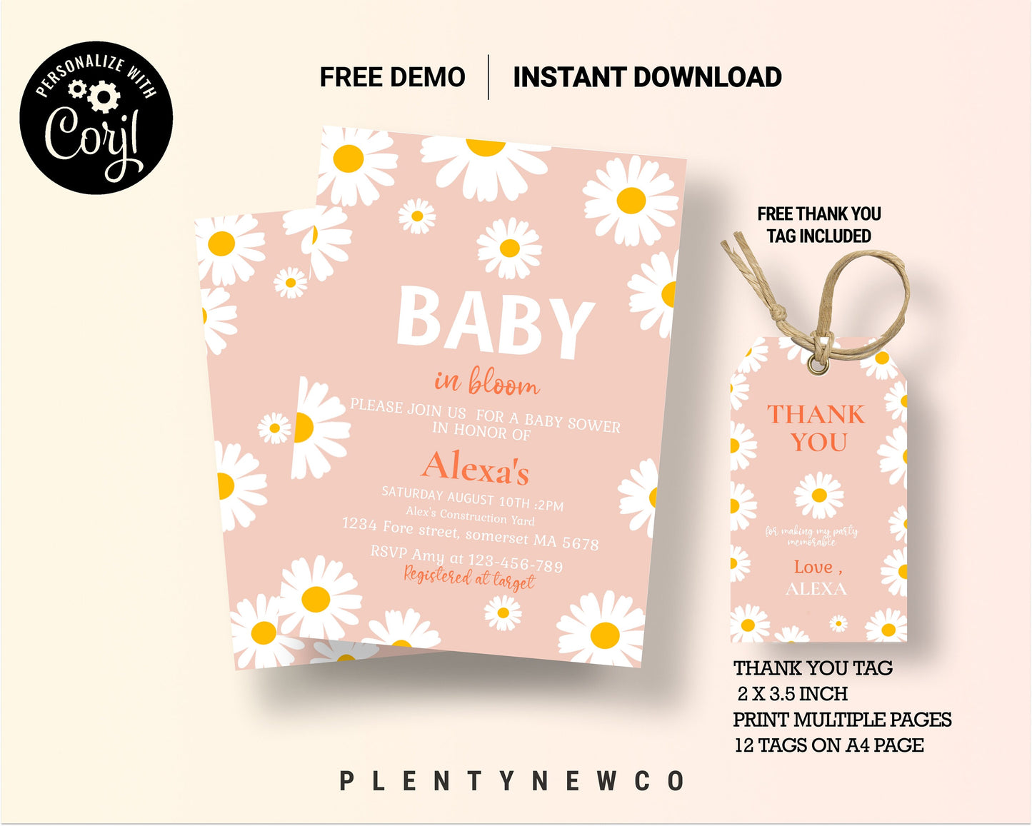 EDITABLE Daisy Baby Shower Invitation, Boho Floral Baby Shower Invite, Retro Baby Shower Invitation, It's a Girl, Instant Download Editable