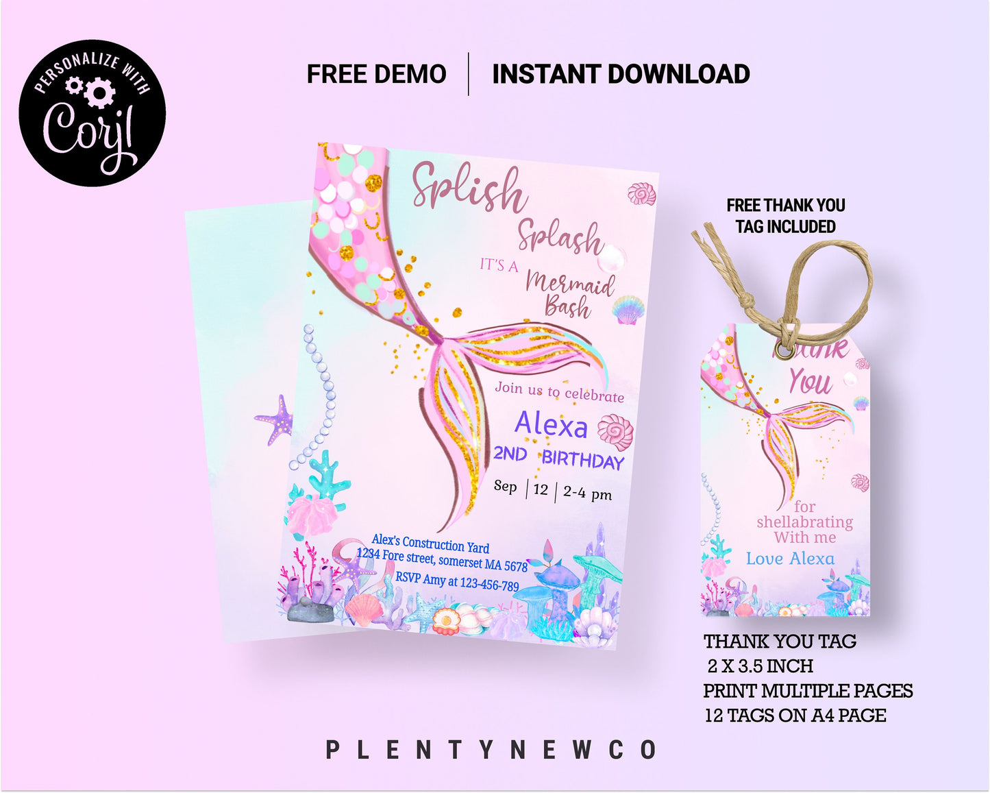 Editable Mermaid Birthday Invitation Template Little Mermaid Under the Sea Magical Pink Purple Girl Invite Instant Download Printable , SP